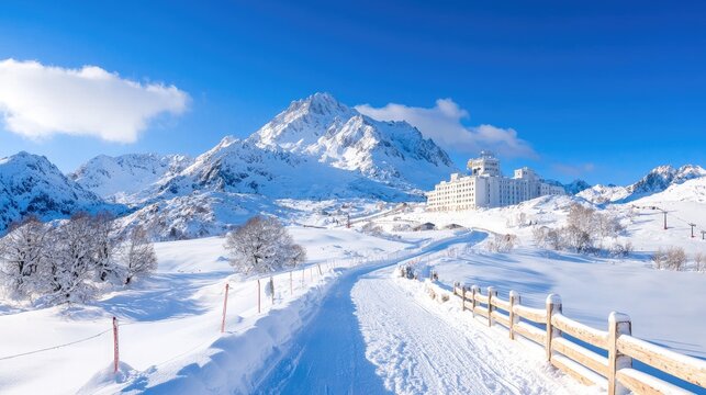 Snowy mountain resort, path, hotel, blue sky, winter