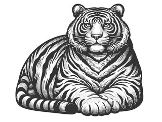 Obraz premium Fat chubby tiger with bold stripes and a playful demeanor, blending humor and artistic detail sketch engraving generative ai vector illustration. Scratch board imitation. Black and white image.