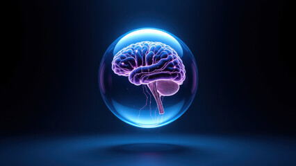 AI brain sphere with neural connections against dark background.