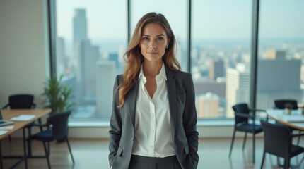 Fototapeta premium Confident businesswoman in modern office with city view