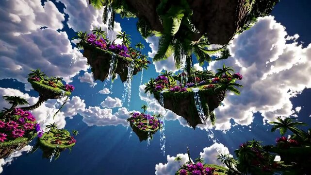 Surreal tropical islands suspended midair, with palm trees and waterfalls connected by vine bridges 