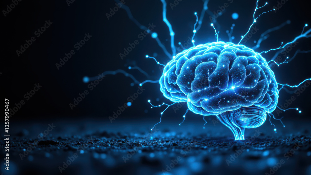 Poster brain with glowing lightning bolts, symbolizing artificial intelligence or advanced cognition.