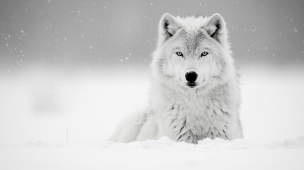 Obraz premium Arctic wolf resting in snow, winter scene. Wildlife photography for nature documentaries