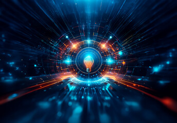 Futuristic digital art featuring a glowing lightbulb at the center of a vibrant, circular technological design.  Blue and orange lights emanate outwards, suggesting innovation and bright ideas within 