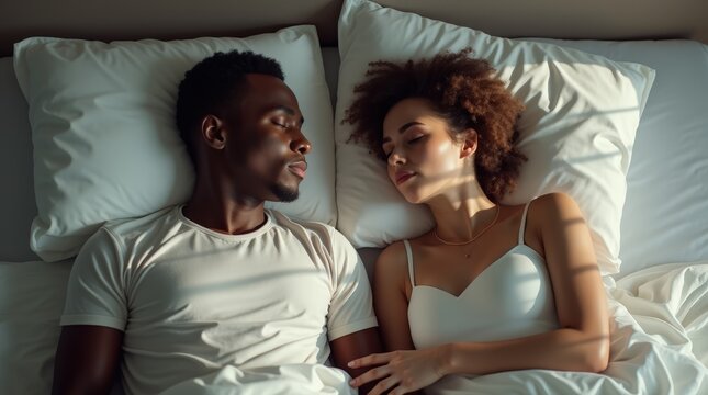 Couple resting peacefully in bed during the morning light