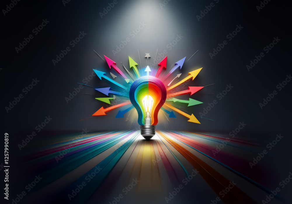 Poster a vibrant light bulb radiates colorful arrows, symbolizing ideas and innovation. creative solutions 