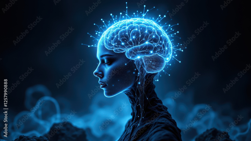 Poster the image depicts an artistic representation of artificial intelligence with human-like features.