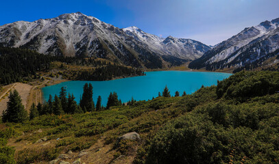 Naklejka premium Big Almaty Lake, a picturesque lake 20 kilometers from Almaty.