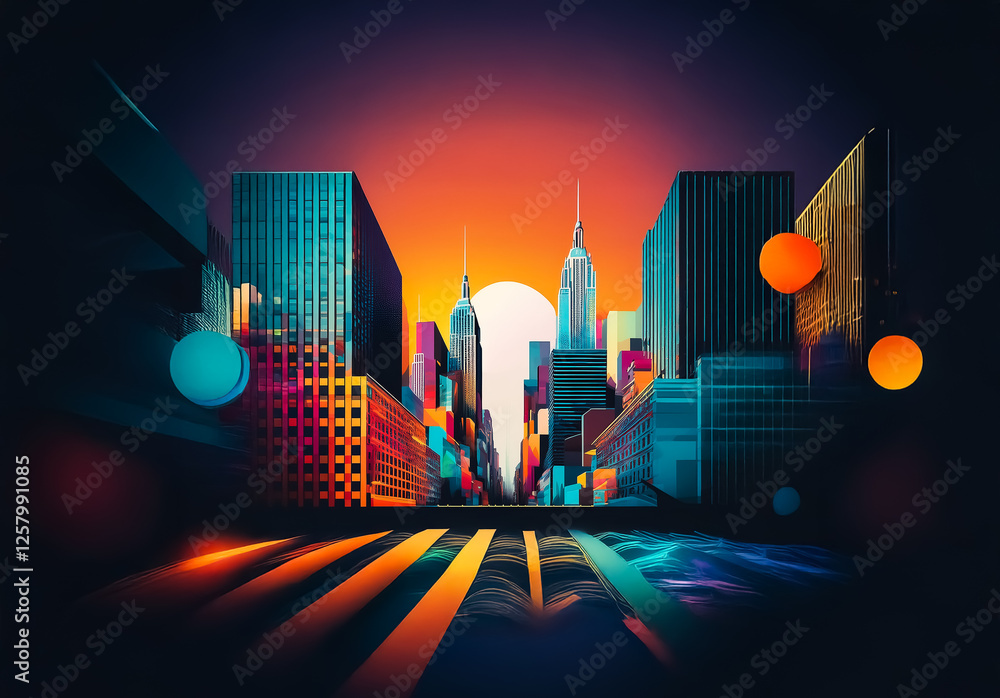 Aufkleber vibrant cityscape at dusk with towering buildings silhouetted against a colorful gradient sky. geome