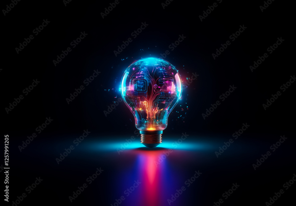Poster A luminous lightbulb emits vibrant, abstract colors from within, set against a stark black background, creating a captivating contrast.