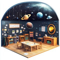 Cozy classroom with galaxy decor, depicting planets, stars, educational materials, and wooden furniture, featuring a round window, creative learning space