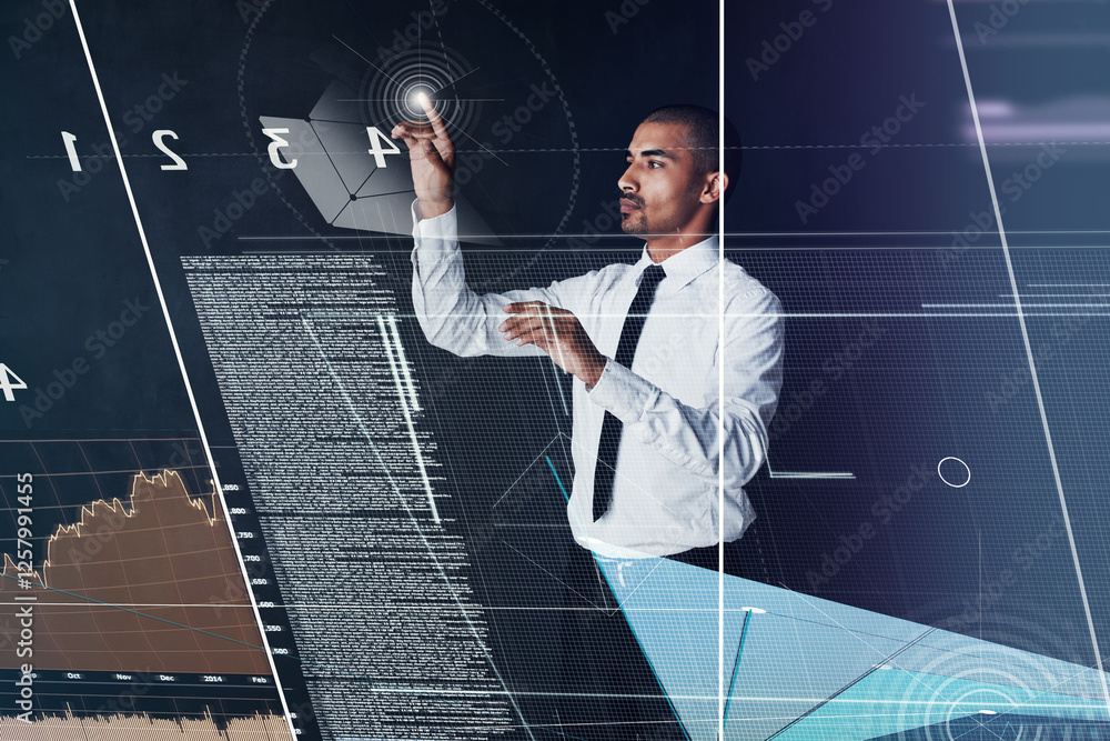 Poster man, touch and hologram in office for accounting, cryptocurrency and interactive dashboard at night.