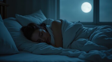Woman peacefully sleeping in a cozy bedroom lit by moonlight