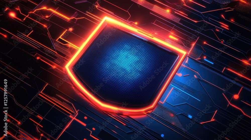 Poster cybersecurity firewall protection with digital binary code on a neon background.