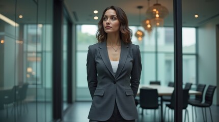 Obraz premium Professional woman standing in modern office with thoughtful expression