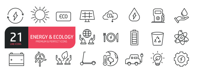 Set of line icons related to battery, nature, sun, solar panel. Outline icons collection. Editable stroke. Vector illustration.