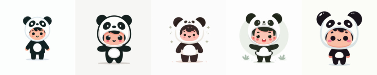 vector of little boy wearing cute panda costume