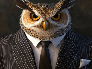 Close-up of an anthropomorphic owl in a pinstripe suit, showcasing knowledge and sophistication for educational content and advisory roles. Detailed view of suit and owl.