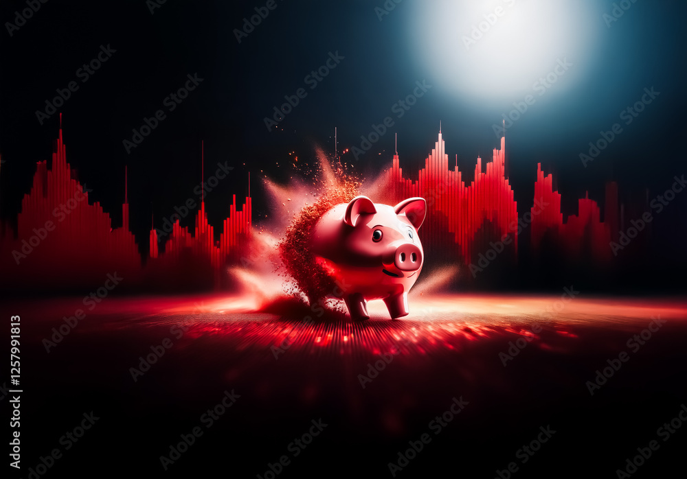 Poster a reflective piggy bank takes center stage, illuminated by a radiant glow against a silhouetted city