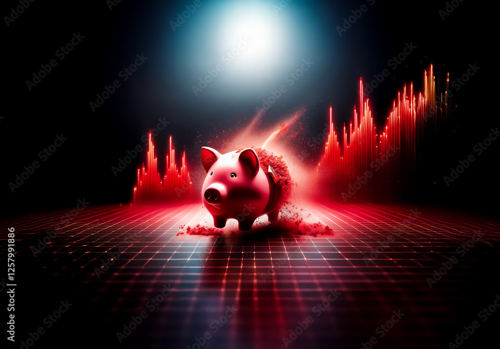 Poster Piggy bank stands on a glowing grid surface, bathed in light with red graph lines rising behind it.  Suggests themes of finance, growth, and market trends.