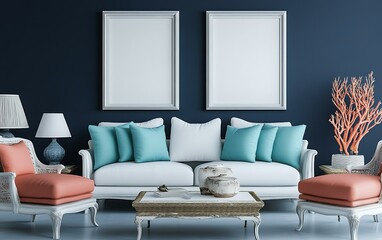 Elegant living room mockup, coral decor, navy walls, coastal style