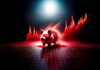 Piggy bank stands on a glowing grid surface, bathed in light with red graph lines rising behind it.  Suggests themes of finance, growth, and market trends.