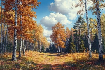 Fototapeta premium Autumnal forest trail, golden leaves on birch and oak trees, misty morning atmosphere.