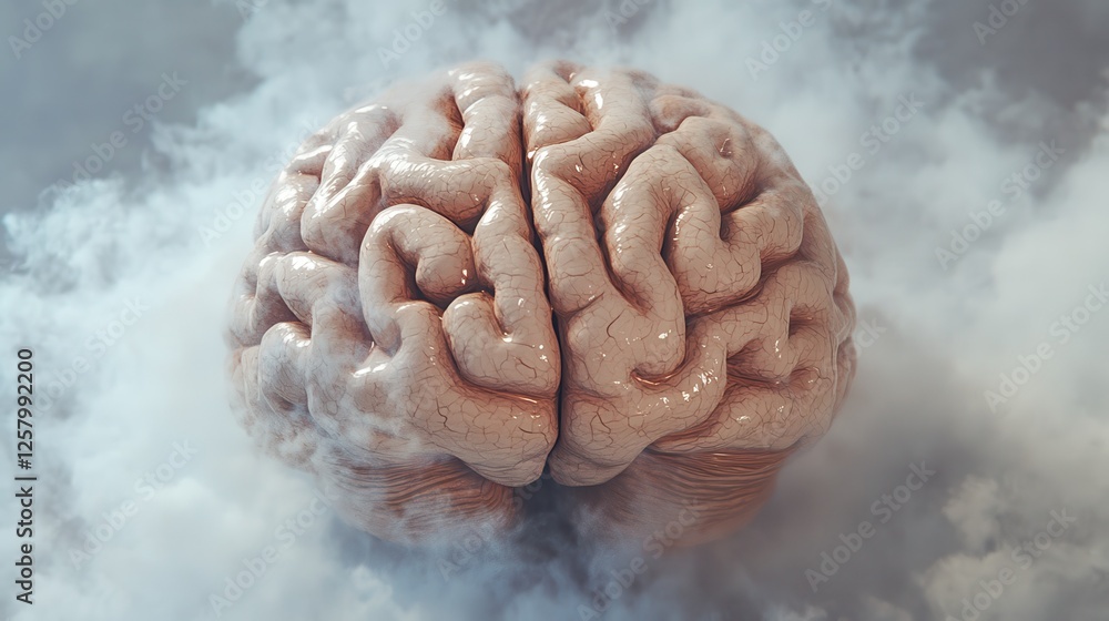 Poster a brain with a cool light color background surrounded by fog with a subtle gradient effect, decision