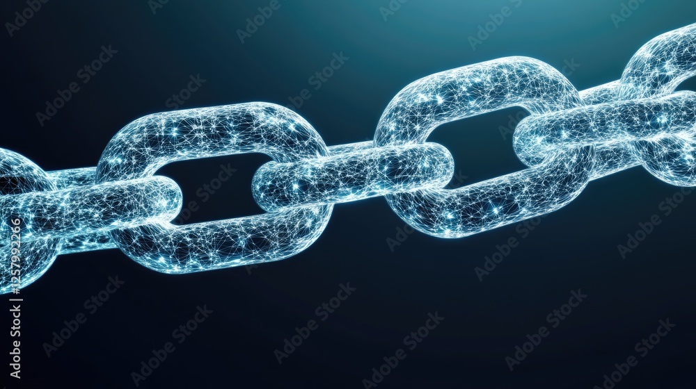 Poster digital blockchain secure transactions with interlocked blocks on a dark turquoise background.