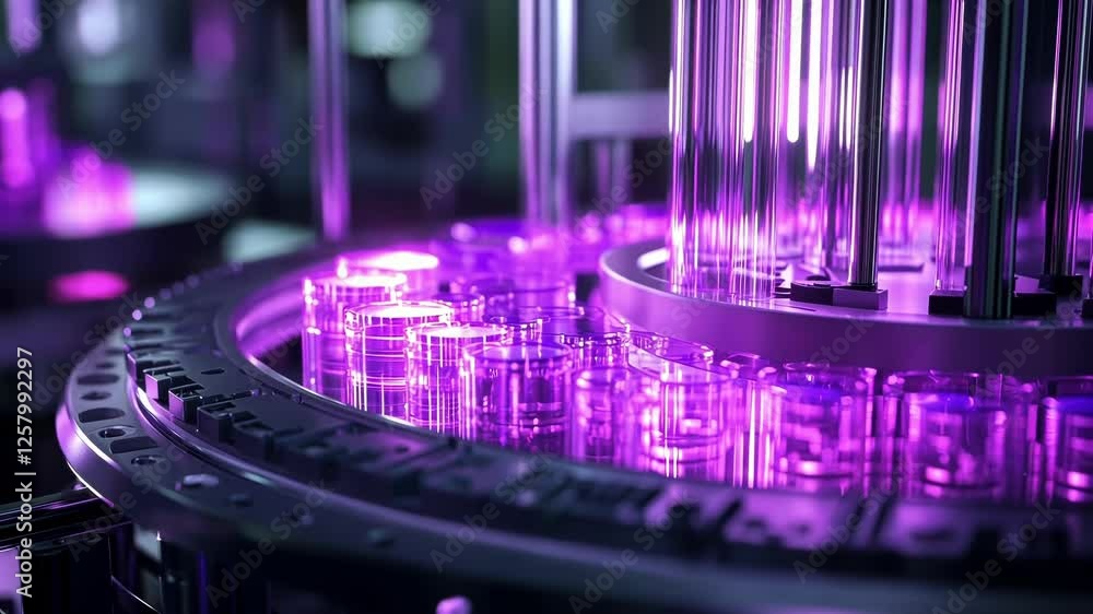 Poster advanced laboratory equipment processes samples in transparent containers illuminated by a vibrant p
