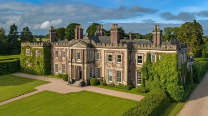 Obraz premium Elegant historic mansion surrounded by lush greenery and sky