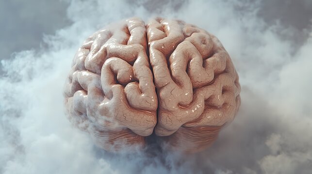 A brain with a cool light color background surrounded by fog with a subtle gradient effect, decision making, neuroscience, problem solving
