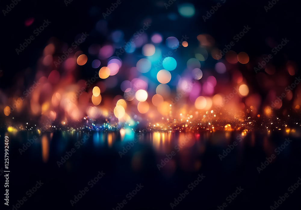 Poster abstract image of blurry, vibrant lights on a dark background. bokeh effect creates a festive and lu