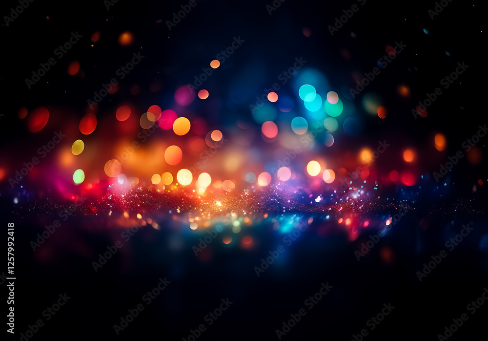 Poster colorful bokeh lights create a vibrant festive atmosphere against a dark backdrop. blurred circles o