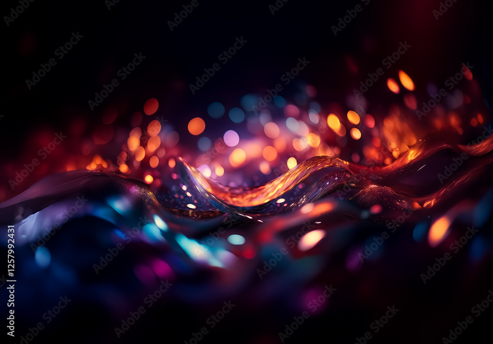 Poster abstract waves of vibrant colors shimmer and glow against a dark backdrop, illuminated by soft bokeh