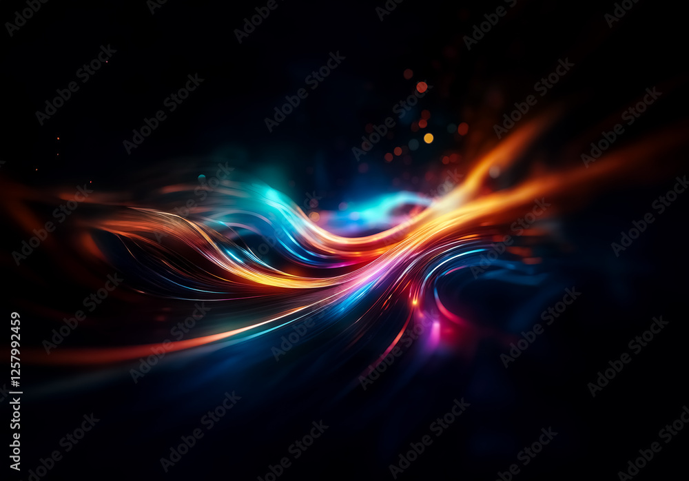 Poster abstract flowing lights create a vibrant and dynamic background. blue, orange, and red streaks swirl