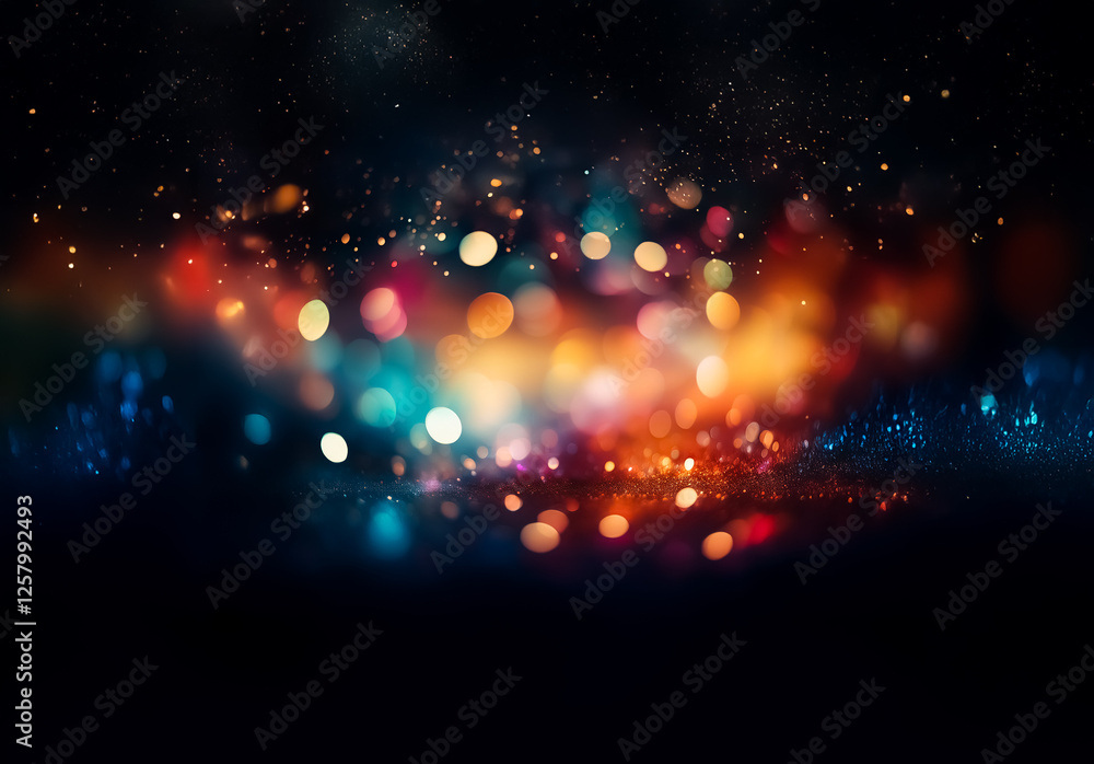 Poster Abstract bokeh background of vibrant, out-of-focus lights.  A dark backdrop enhances the colorful orbs, creating a magical and dreamy atmosphere.