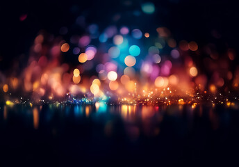 Abstract image of blurry, vibrant lights on a dark background. Bokeh effect creates a festive and luminous atmosphere with light reflections.