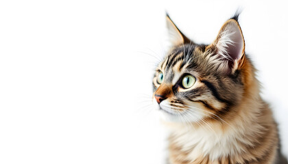 Obraz premium Curious Kitten Profile Against White Background. Close-up profile of a fluffy kitten with striking tabby markings