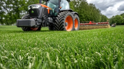 Obraz premium Tractor works on lush green grass while a farmer mixes chemicals for agricultural tasks in a blurred background