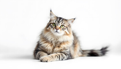 Stunning Fluffy Cat Posing Against a White Background. A captivating image of a fluffy cat, likely a Siberian or similar long-haired breed, lying down and looking attentively towards the camera