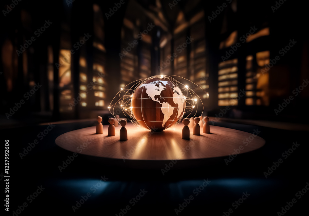 Poster a wooden globe surrounded by figures on a round platform, illuminated in a dark setting. light trail