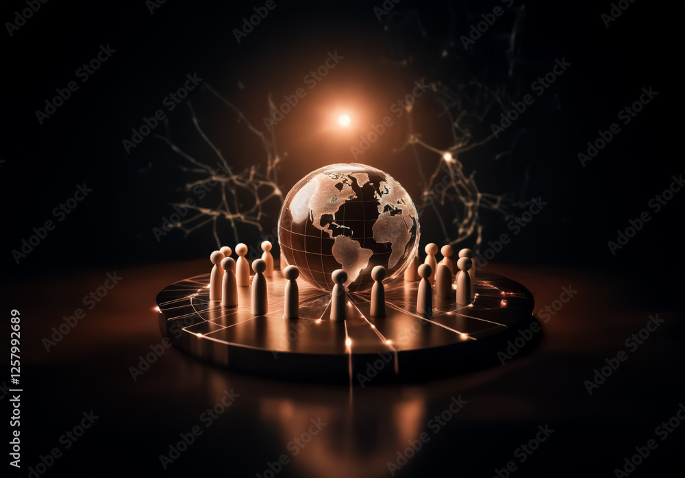 Aufkleber Illuminated glass globe stands on a platform encircled by figures in a dark space. Light streams down, highlighting a sense of global connection and unity.