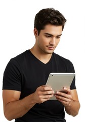 Happy young man using digital tablet wearing plain t-shirt isolated on white background . Ai generative 