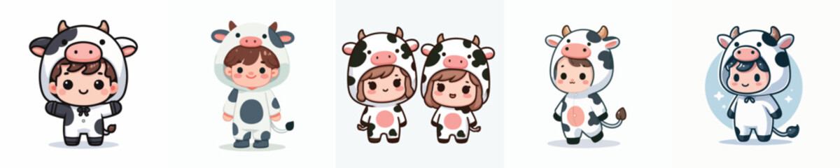 Fototapeta premium vector of little boy wearing cute cow costume