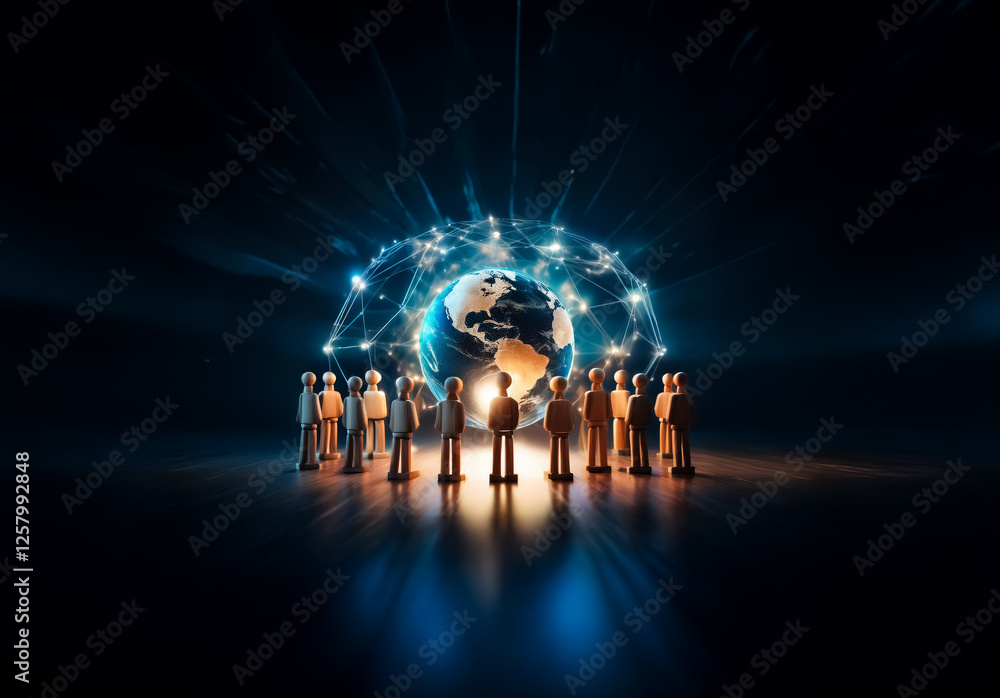 Aufkleber figures gather around a glowing globe with network connections, symbolizing global communication and