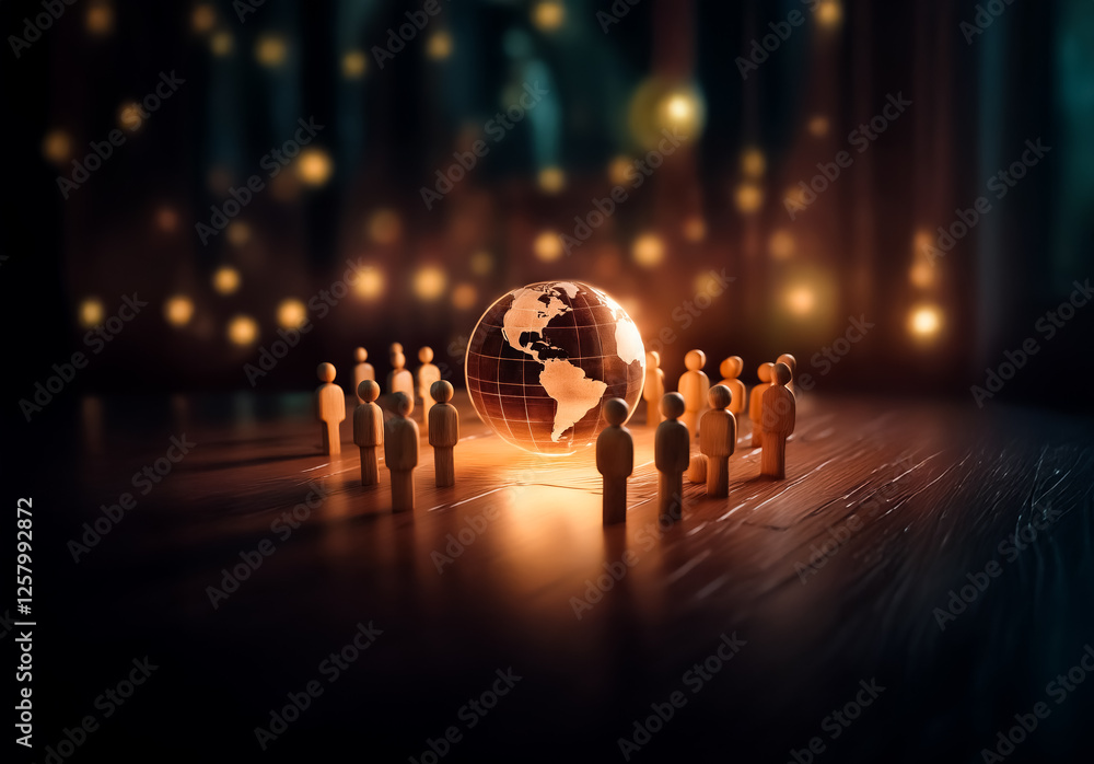 Poster a group of figurines stand encircling a glowing world globe, depicting global connection and unity i