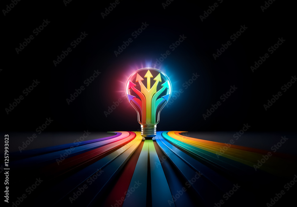 Aufkleber A vibrant light bulb with rainbow arrows radiates colorful paths in a dark space. Arrows within the bulb suggest ideas spreading in different directions.