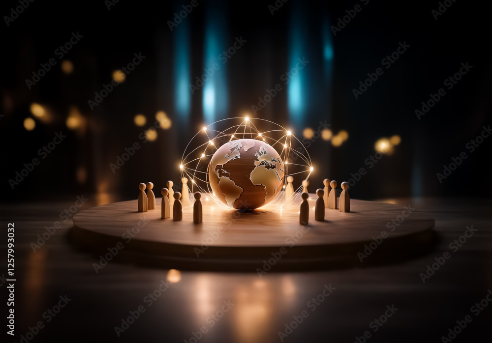 Poster wooden figures surround a globe placed on a circular stage. soft, glowing lights illuminate the scen