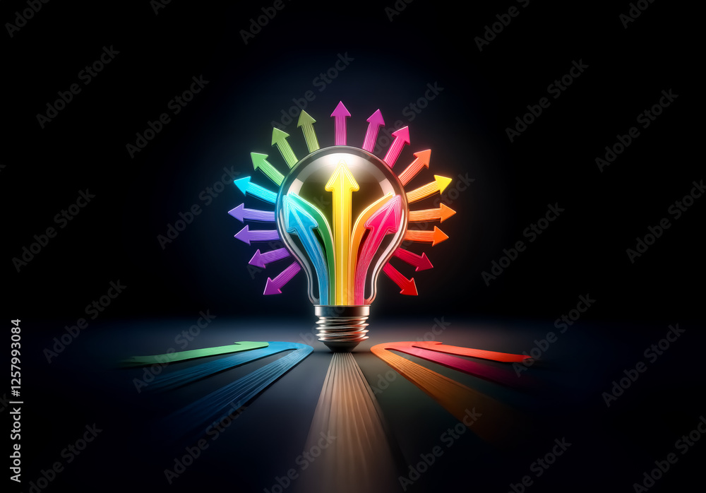 Poster A light bulb illuminates with vibrant arrows pointing outwards, representing ideas spreading in various directions on a dark surface.